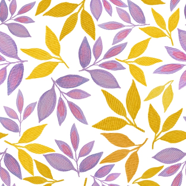 Acuarela patrón floral transparente Púrpura y amarillo dibujado a mano hojas y ramas Ilustración