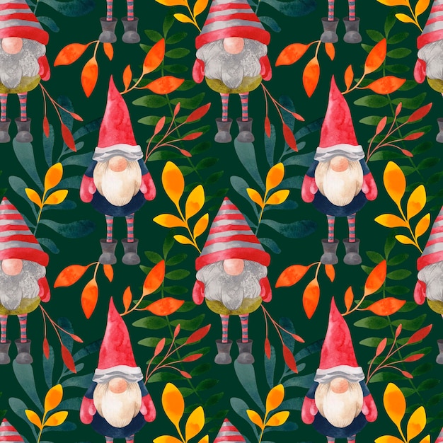 Acuarela patrón navideño con divertidos gnomos en gorro