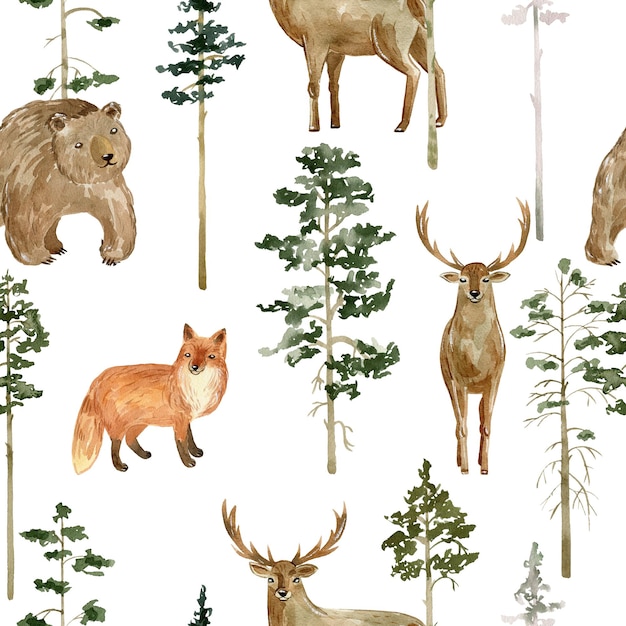 Acuarela de patrones sin fisuras con animales y árboles para papel de regalo de tela, etc.