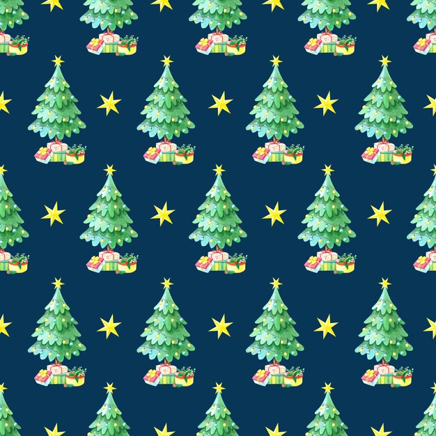 Acuarela de patrones sin fisuras con árbol de Navidad verde con cajas de regalo.