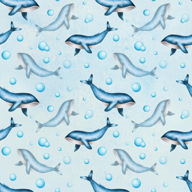 Acuarela de patrones sin fisuras con ballenas azules aisladas sobre fondo blanco pintura a mano realista Ar