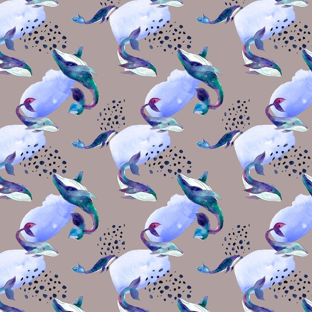 Acuarela de patrones sin fisuras con ballenas y salpicaduras de acuarela Patrón para decoración de tela