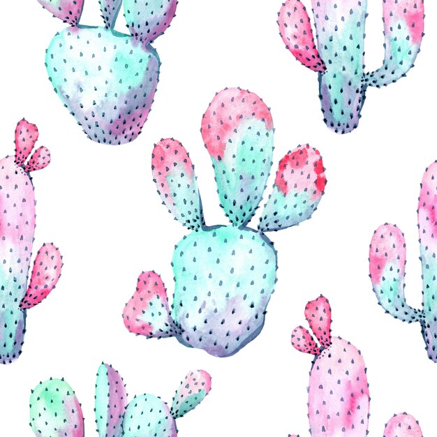 Acuarela de patrones sin fisuras con cactus. Imprimir para envolver, papel tapiz, tela. Ilustración dibujada a mano