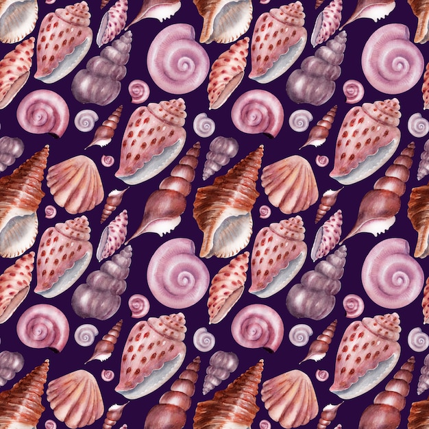 Acuarela de patrones sin fisuras Conchas marinas. Conchas rosadas
