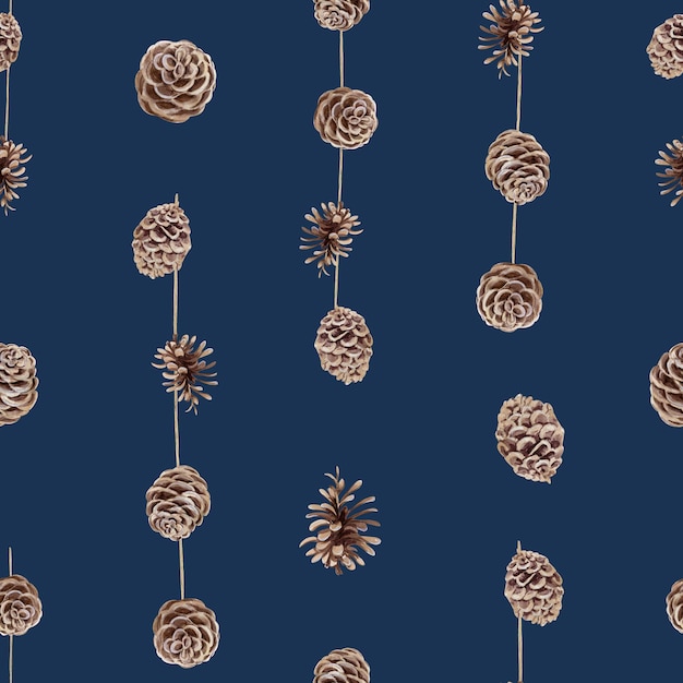 Acuarela de patrones sin fisuras con decoración de cono de Navidad en estilo escandinavo.