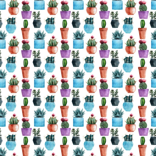 Acuarela de patrones sin fisuras con diferentes tipos de cactus en macetas multicolores