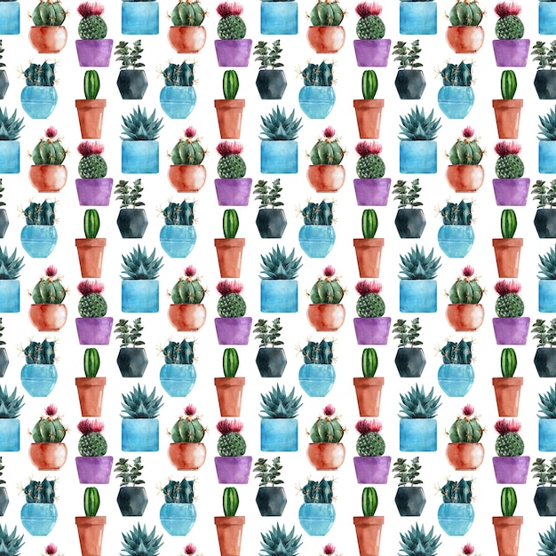 Acuarela de patrones sin fisuras con diferentes tipos de cactus en macetas multicolores