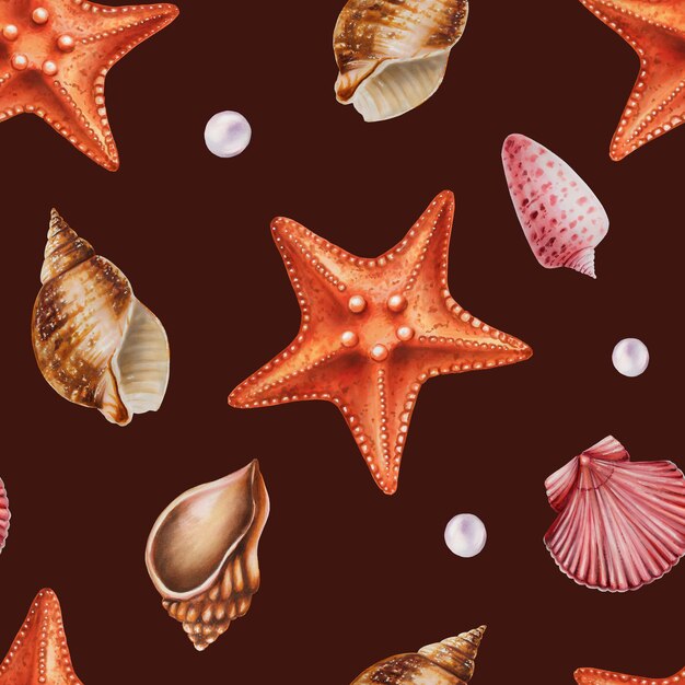 Acuarela de patrones sin fisuras con estrellas de mar y conchas Pintura a mano clipart objetos de vida submarina