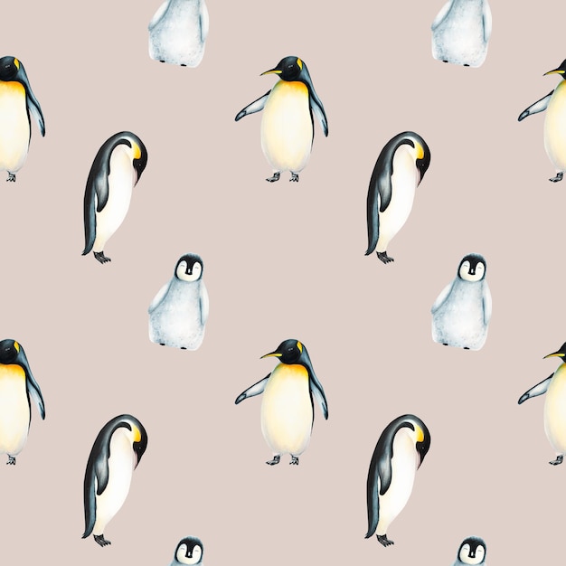 Acuarela de patrones sin fisuras con la familia de pingüinos rey aislada Pintura a mano Ártico realista y