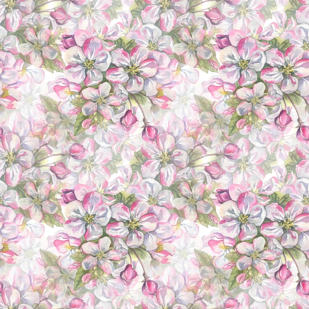 Acuarela de patrones sin fisuras de flores de color rosa manzana sobre un fondo blanco Ilustración linda suave de primavera para la decoración y el diseño de la cubierta de papel de envoltura de papel tapiz de textiles de tela
