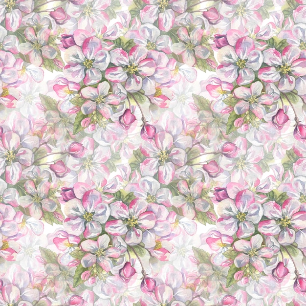 Acuarela de patrones sin fisuras de flores de color rosa manzana sobre un fondo blanco Ilustración linda suave de primavera para la decoración y el diseño de la cubierta de papel de envoltura de papel tapiz de textiles de tela