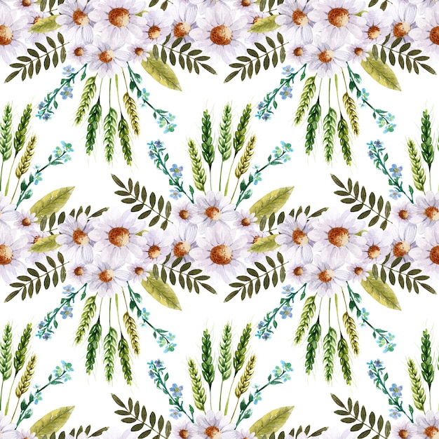Acuarela de patrones sin fisuras con flores decorativas brillantes