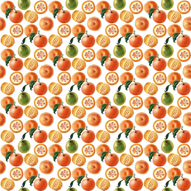 Acuarela de patrones sin fisuras de frutas, ramitas y rodajas de mandarina