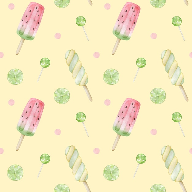 Acuarela de patrones sin fisuras con helado lolly pop lima rosa puntos dibujado a mano clipart