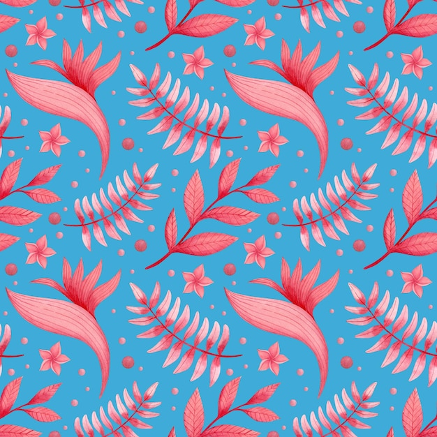 Acuarela de patrones sin fisuras de hojas tropicales rosas sobre un fondo azul.