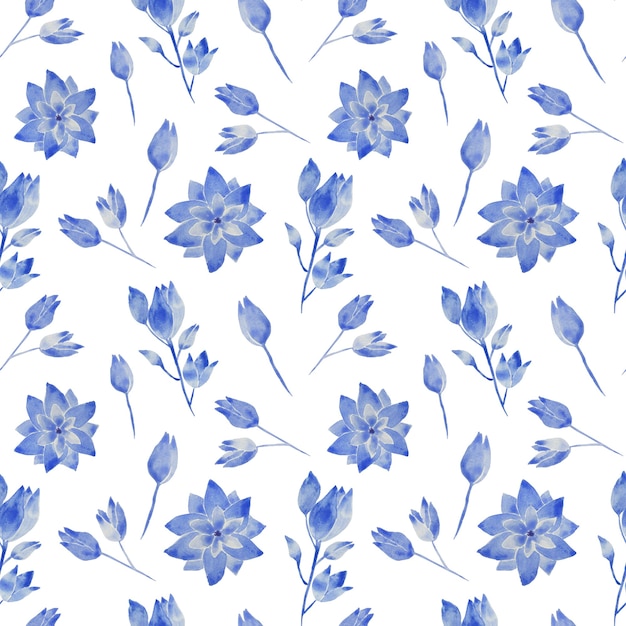 Acuarela de patrones sin fisuras Ilustración botánica de flores y capullos en tonos azules
