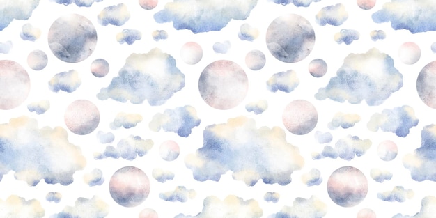 Acuarela de patrones sin fisuras con ilustración de nubes azules gradiente planetas luna fondo blanco