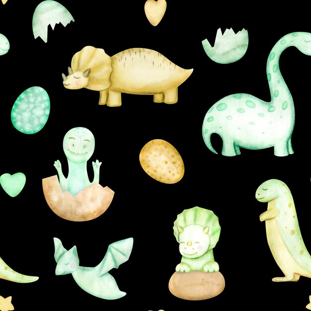 Conjunto de dinosaurio de dibujos animados lindo volando con globos de  patrones sin fisuras