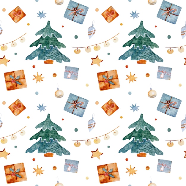Acuarela de patrones sin fisuras de Navidad con juguetes eve presenta copos de nieve y estrellas de jengibre