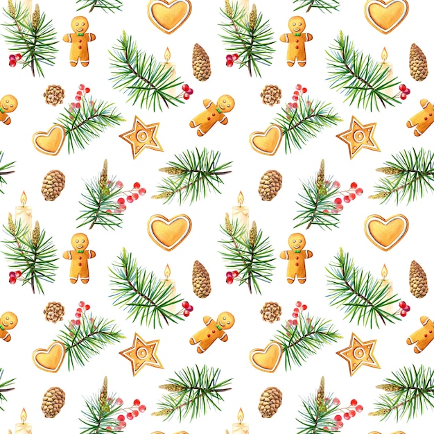 Acuarela de patrones sin fisuras de Navidad con pan de jengibre, corazón, vela, rama de abeto, baya sagrada, cono de pino sobre un fondo blanco.Ilustración de vacaciones de invierno para el año nuevo.