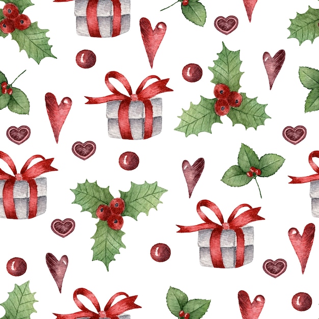 Acuarela de patrones sin fisuras de Navidad con plantas y corazones de regalos de Navidad decorados