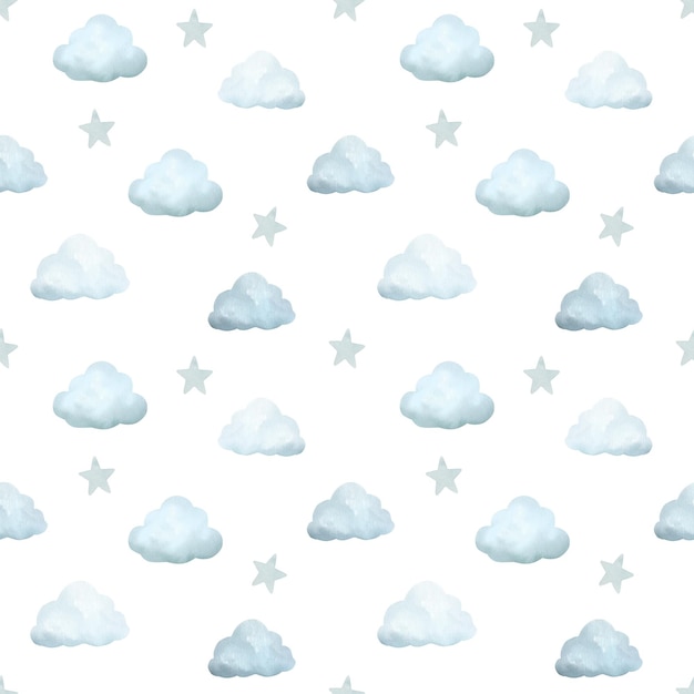 Foto acuarela de patrones sin fisuras con nubes de dibujos animados de cuento de hadas lindo vintage y estrellas azules con textura de acuarela aislado sobre fondo blanco