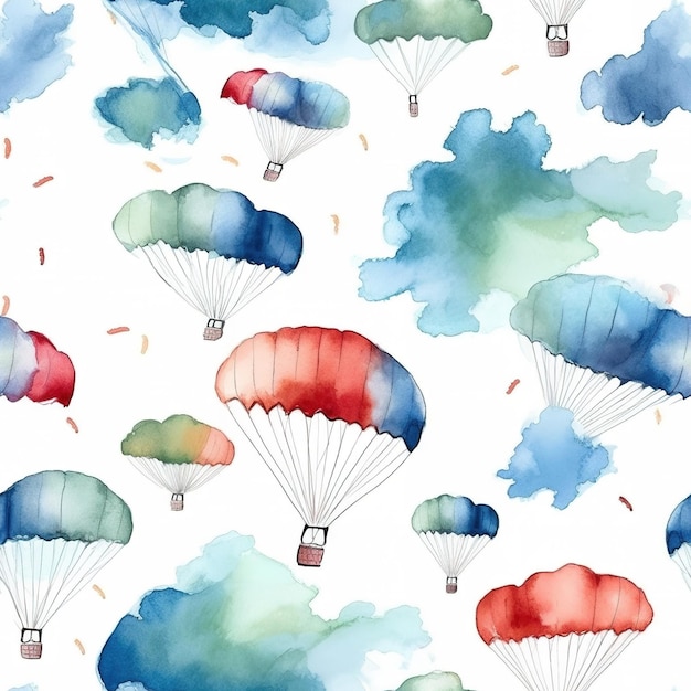 Acuarela de patrones sin fisuras con paracaídas y nubes en colores azul y verde.