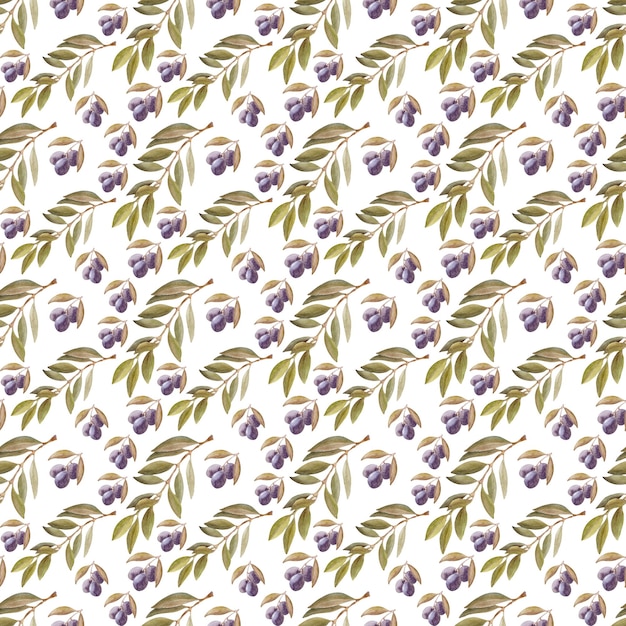 Acuarela de patrones sin fisuras con planta de olivo