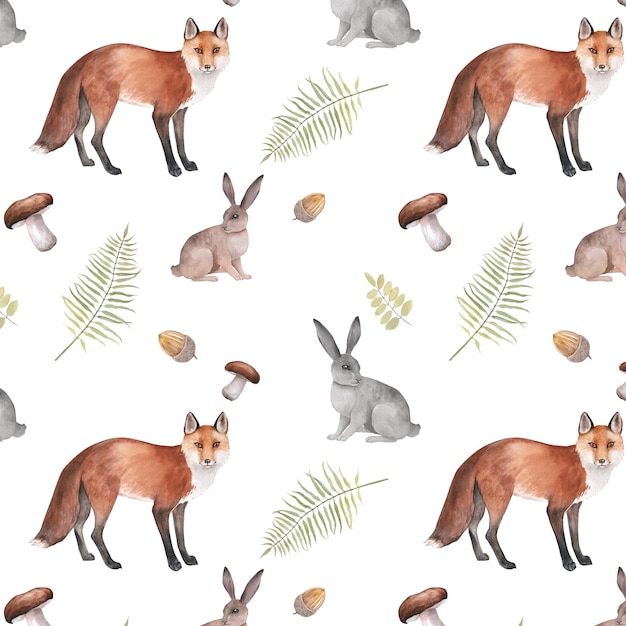 Acuarela de patrones sin fisuras con plantas y animales del bosque de dibujos animados sobre un fondo blanco