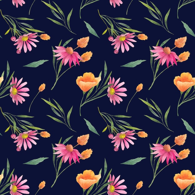 Acuarela de patrones sin fisuras con plantas de flores silvestres florales y ramas delicadas estampado de acuarela aislado sobre fondo blanco para ilustración textil o fondos de pantalla en estilo provenzal