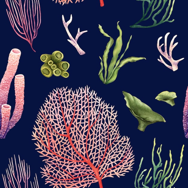 Acuarela de patrones sin fisuras con plantas submarinas y corales de arrecife Ilustración para envolver papel tapiz textil