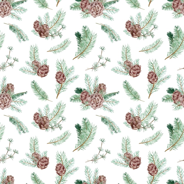 Acuarela de patrones sin fisuras con ramas de pino y conos. Fondo de bosque de invierno. Patrón botánico de Navidad y año nuevo.