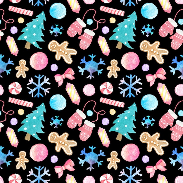Acuarela de patrones sin fisuras sobre el tema de Año Nuevo y Navidad Para el diseño de postales de impresión y textiles envolviendo pegatinas de cajas de vacaciones de papel