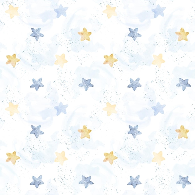 Acuarela de patrones sin fisuras suaves estrellas doradas y azules sobre fondo blanco Ilustración hecha a mano