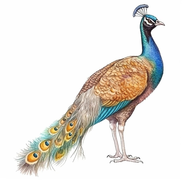 Una acuarela de un pavo real con plumas azules.