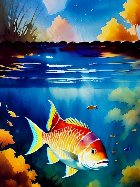 Acuarela Peces Pintura Fondo artístico Reproducción Lago Mar y océano