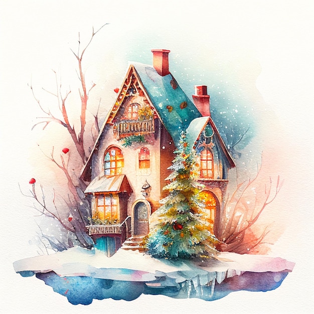 Acuarela pequeña casa acogedora en la escena de invierno ilustración feliz tarjeta postal de Navidad diseño estacional