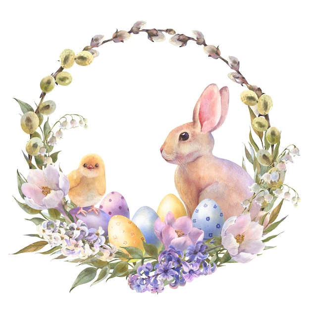 Acuarela pequeño conejo melocotón está sentado en las flores corona conejo de Pascua y pollo amarillo