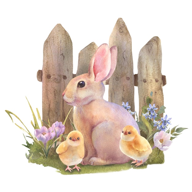 La acuarela pequeño conejo melocotón está sentado en la hierba sobre la valla de madera conejo de Pascua con ramo
