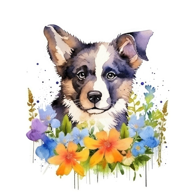 Acuarela de un perro en flores.