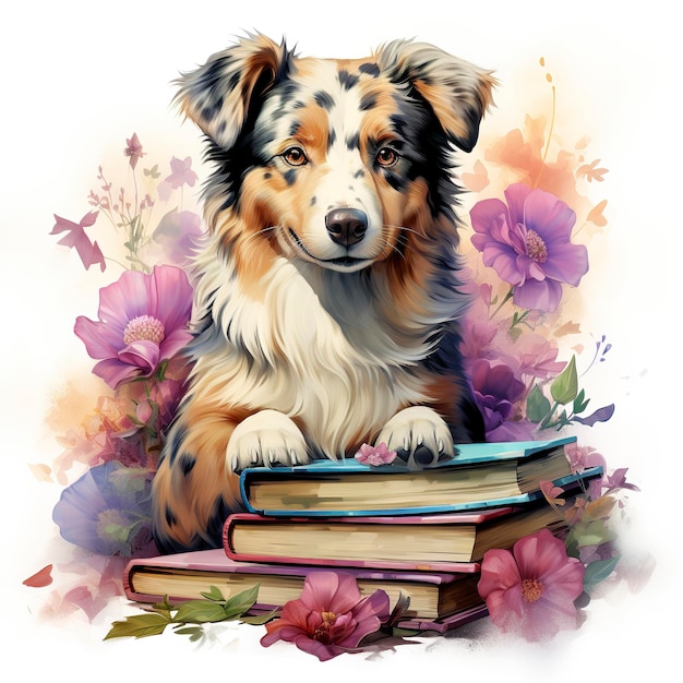 Acuarela perro lindo en una pila de libros clipart