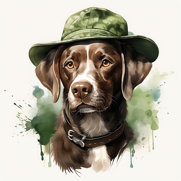 Acuarela de un perro puntero con una gorra de jinete chaqueta de caza muñeca verde Patrick Day Clipart