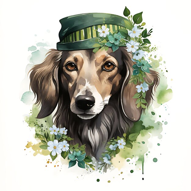 Foto acuarela de un perro saluki con un sombrero de caja de pastillas traje de kimono verde obi shamr clip del día de patrick