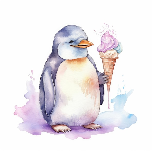 Acuarela de un pingüino comiendo un cono de helado derritiéndose