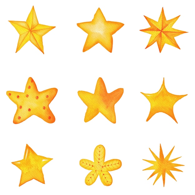 Acuarela pintada a mano estrellas amarillas bonitas Colección de iconos decorativos para celebraciones