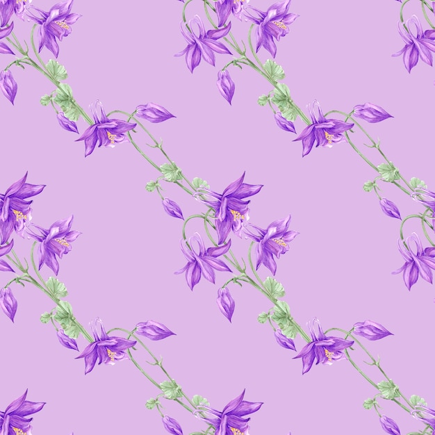 Acuarela pintada a mano flores de aquilegia púrpura patrón sin costuras aislado sobre fondo púrpura Se puede utilizar para envolver telas textiles y otros productos impresos