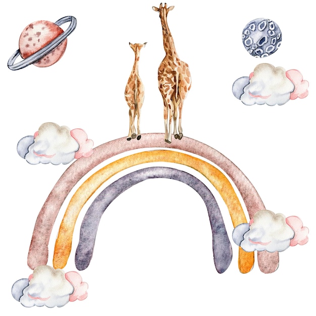 Acuarela pintada a mano lindo arco iris y jirafa Ilustración
