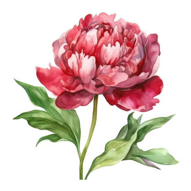 Foto acuarela pintada rosa flor de peonía con hojas y botones composición diseño floral en blanco