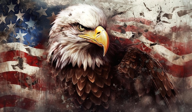 Acuarela pintando un águila calva norteamericana enojada en la bandera americana