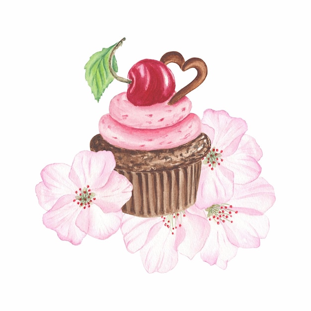 Acuarela pintura cerezas cupcakes pastel Cerezas frutas ilustraciones botánicas Flor de cerezo